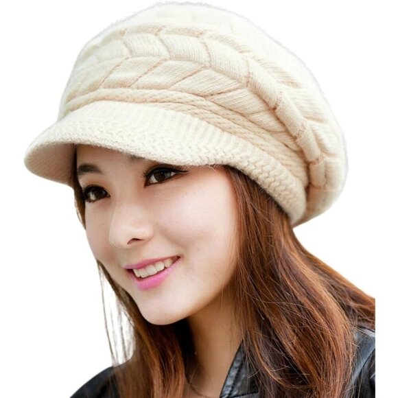 〽️Women’s Beige Winter Warm Knit Wool Snow Ski Hat with Visor main image 5